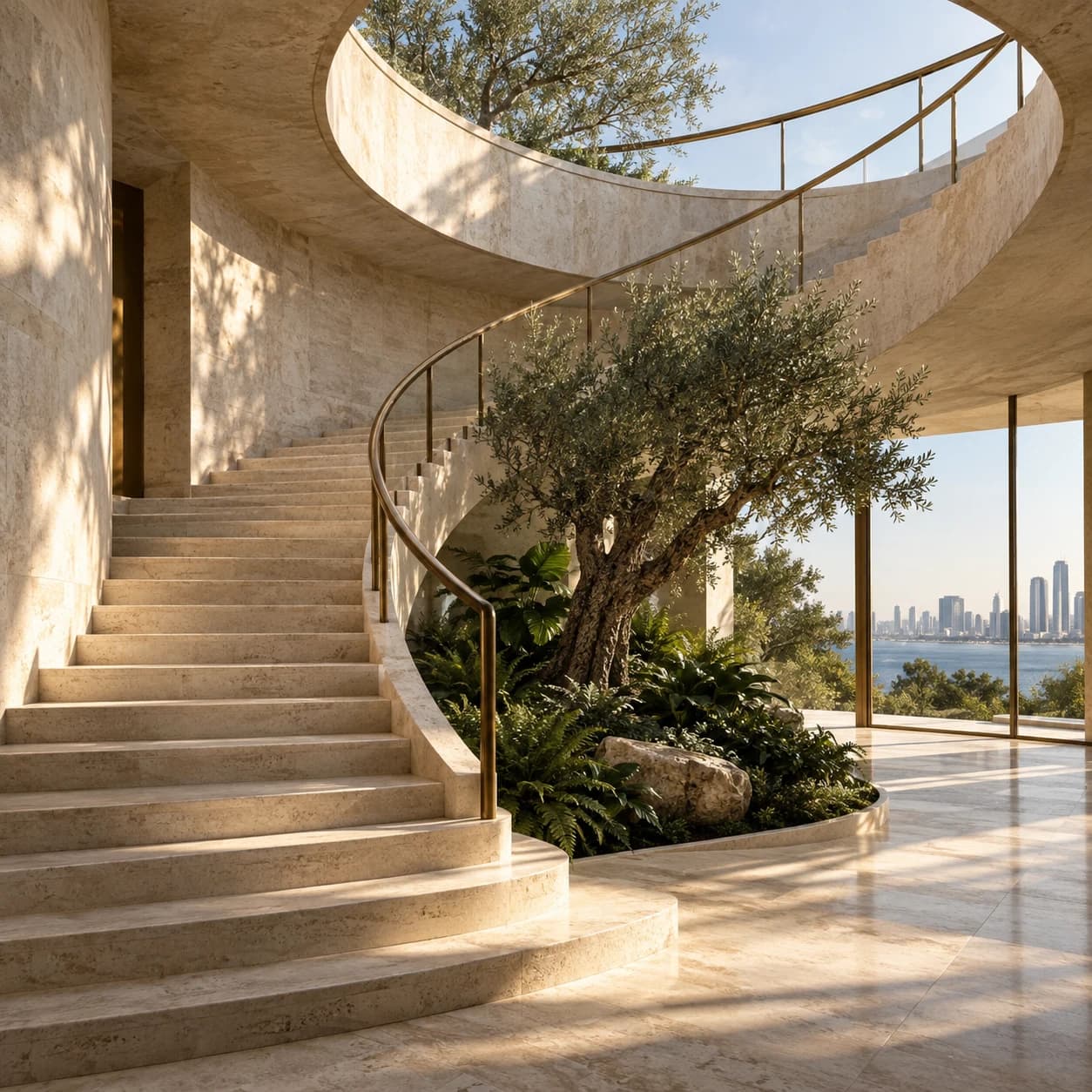 Estudio arquitectónico de una escalera de travertino y un jardín interior