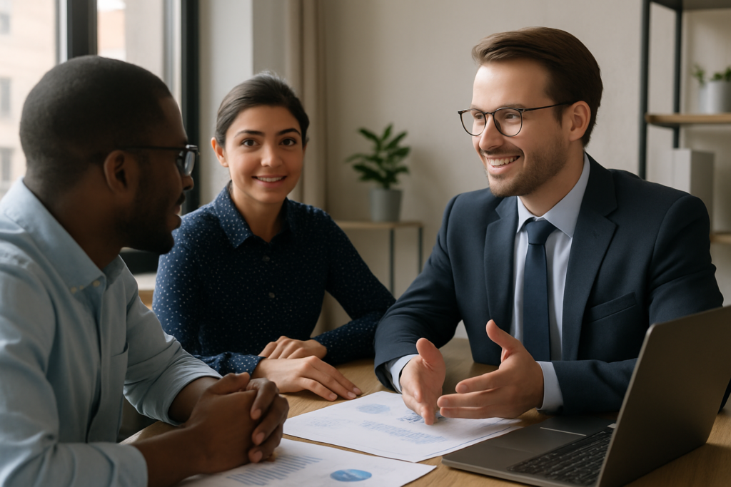 Inversionista latinoamericano revisando planos inmobiliarios en una oficina moderna en Miami, representando oportunidades de inversión en EE.UU.